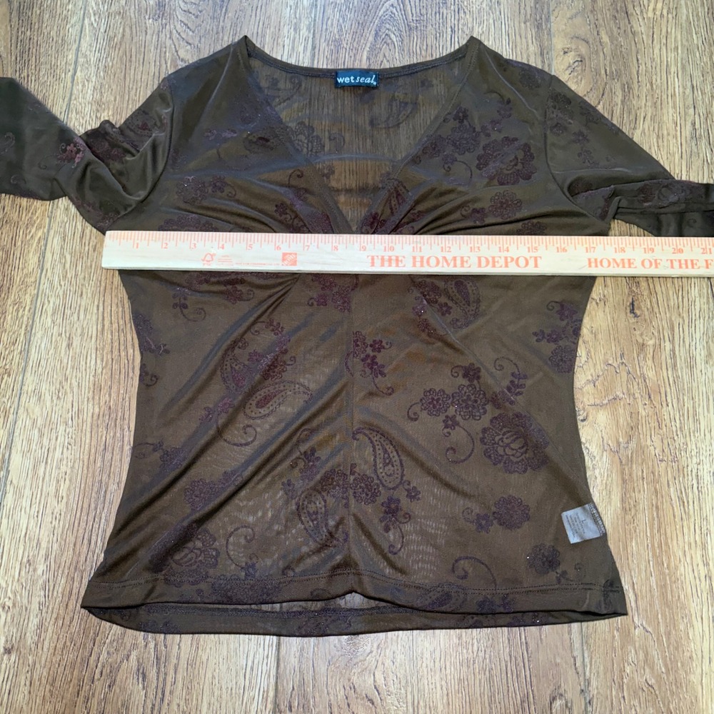 Y2K Wet Seal Brown Sheer Mesh Paisley Floral Tie Cuff Top L Fairy Ethereal - Picture 8 of 10